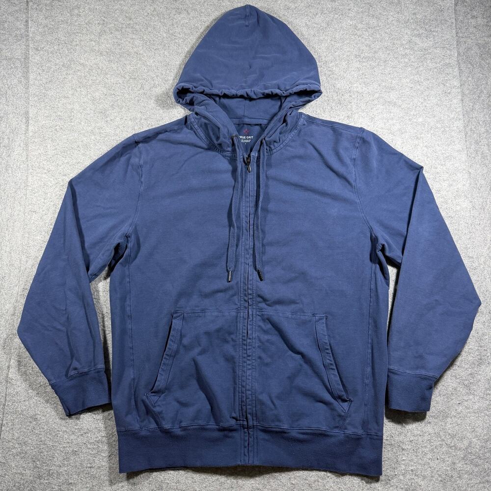 True Grit Full Zip Hoodie Mens L Navy Blue Soft Touch Drawstring Relaxed Casual